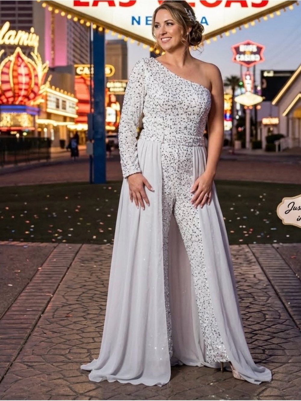One-Shoulder Silver Sequin Jumpsuit with Draped Skirt